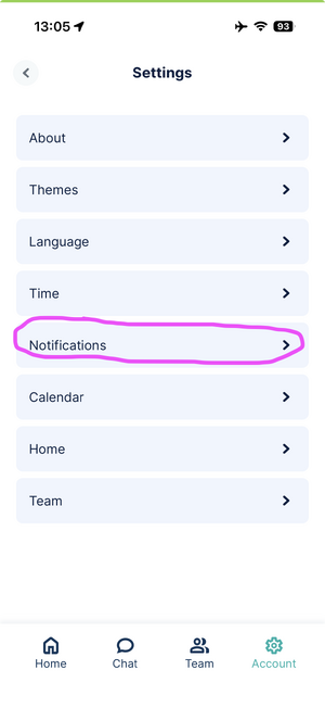 Settings with Notifications highlighted