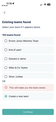 Select an Existing team - Create New