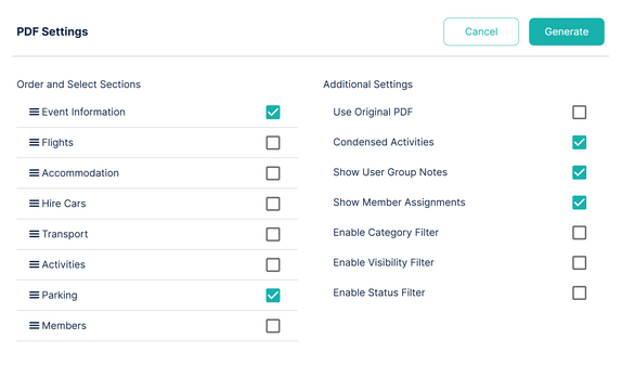 Image showing the PDF generation menu