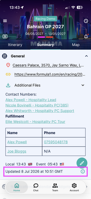 Tap on this area to show the complete Itinerary version information