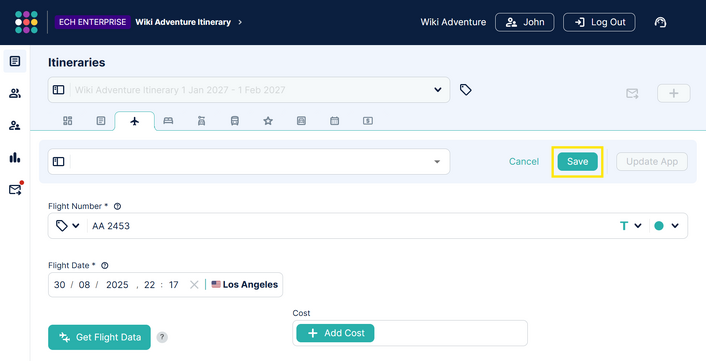 An image showing a filled-out itinerary item from the AI Inbox.