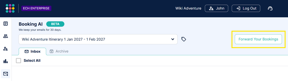 Picture showing the AI Inbox, and where on the inbox the 'Forward Your Bookings' button can be found.