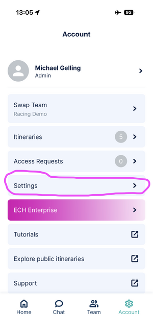 Account with Settings Highlighted