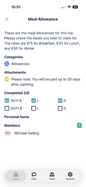 Meal Allowance Configured in the EventR App