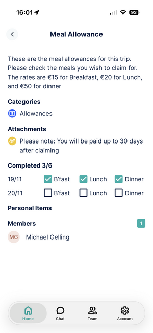 Meal Allowance Configured in the EventR App