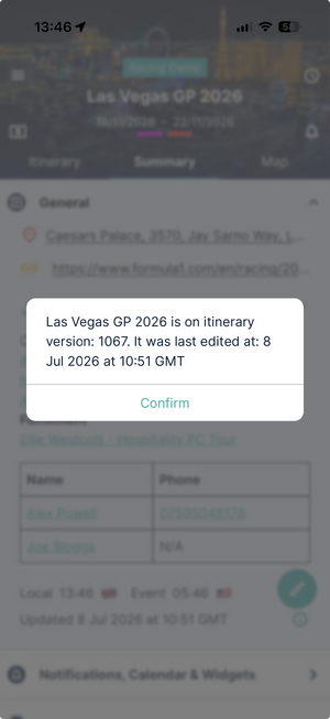 The full itinerary version information in app