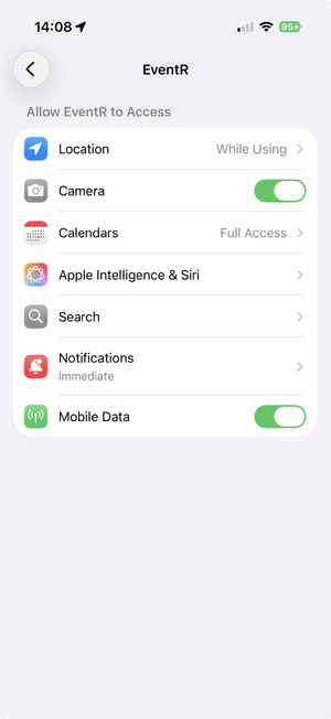 Apple iOS Settings for EventR