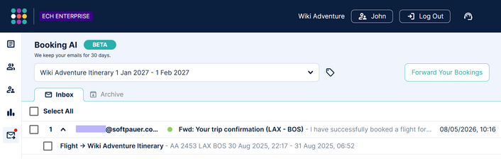 An image showing a new email and itinerary item in the AI Inbox.