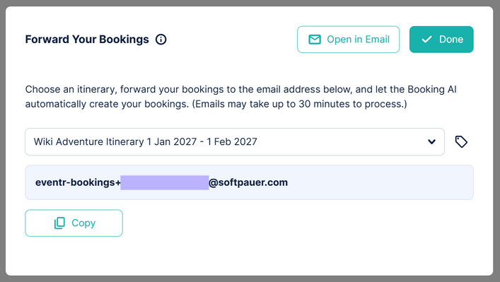 Image showing the Forward Your Bookings popup.